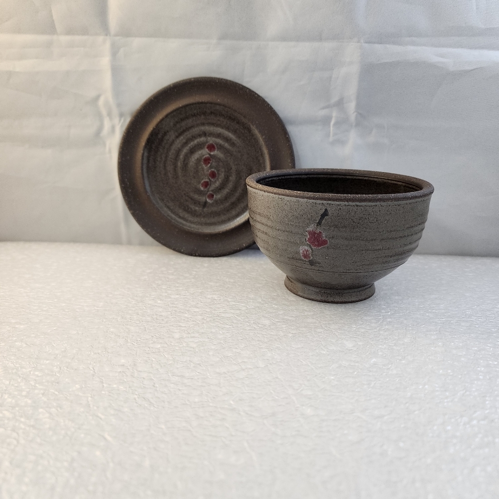 Small Art Pottery Asian Bowl Cup with Lid Plate Planter Trinket Box